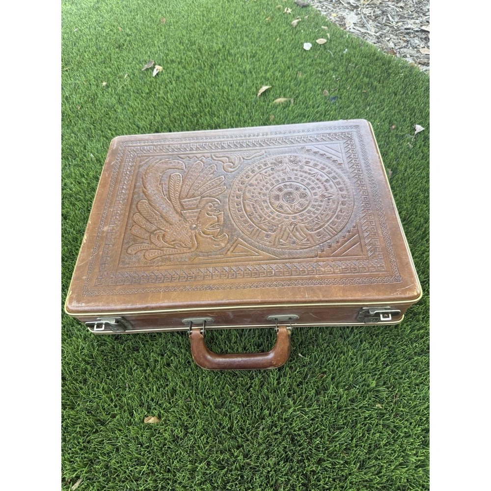 Vintage Tooled Embossed Leather Briefcase Flores' Bags Handmade Mexico